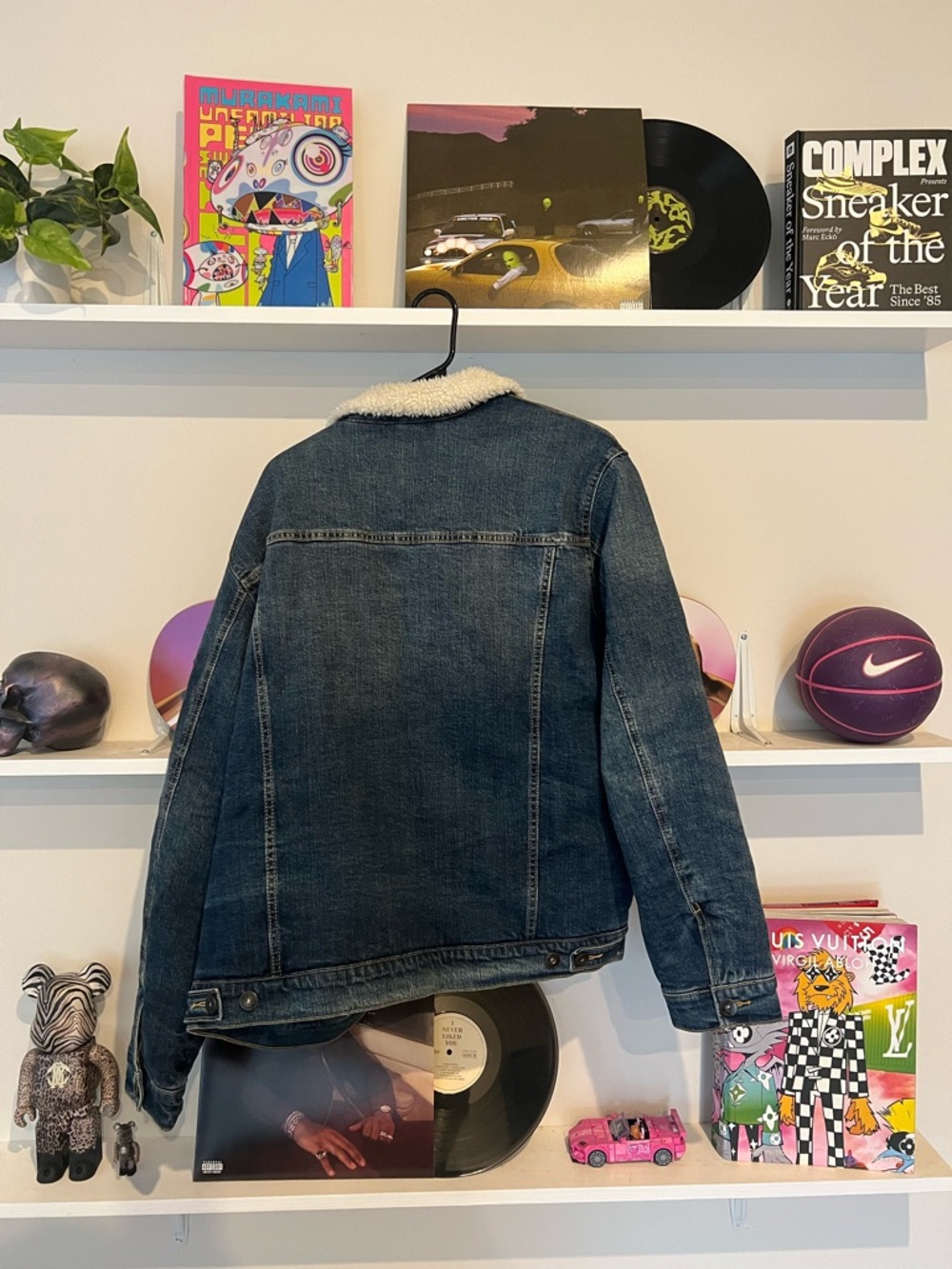 Sherpa-Lined Dark Denim Jacket - Blue & Cream - Picture 2 of 2